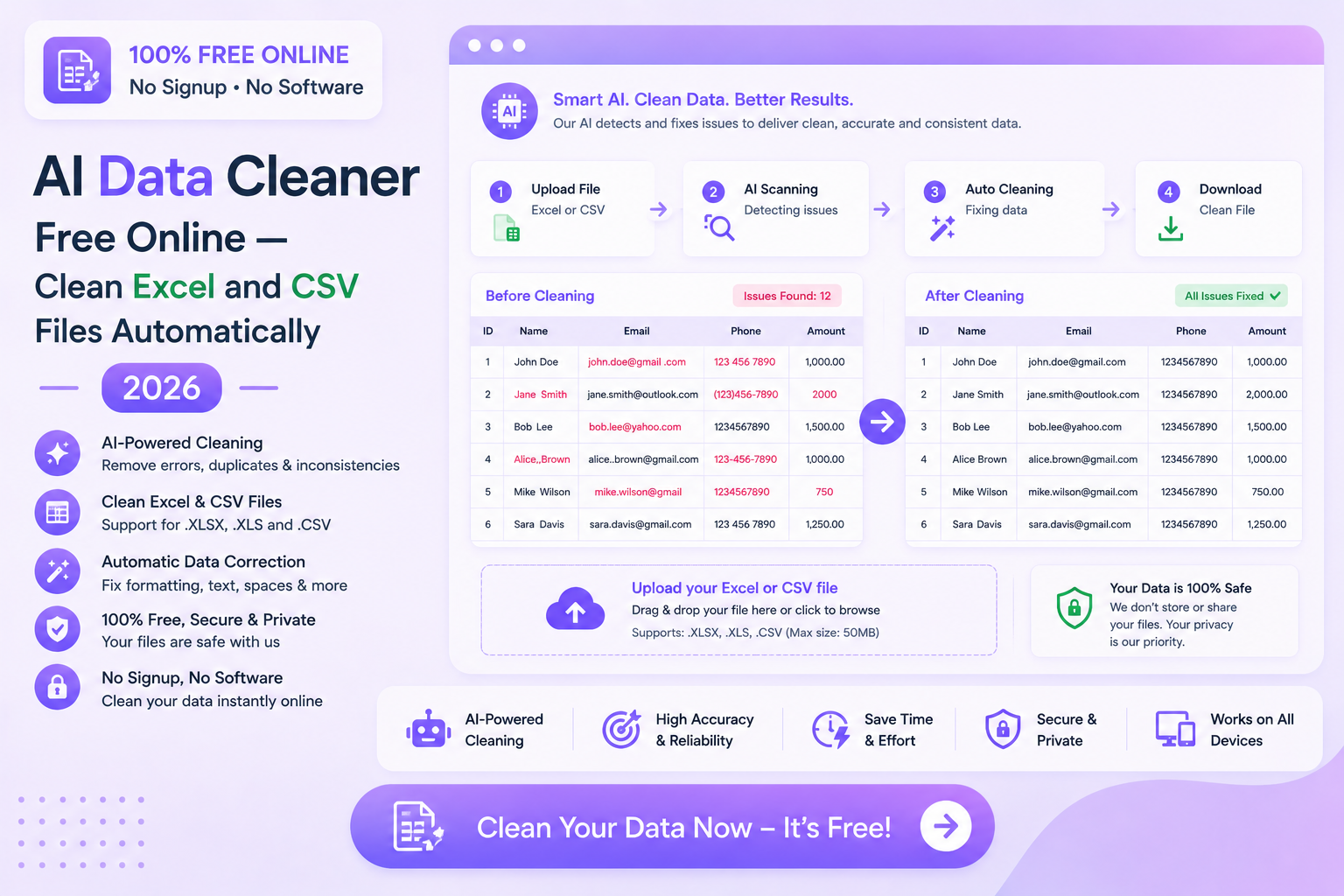AI Data Cleaner Free Online — Clean Excel & CSV Files 2026